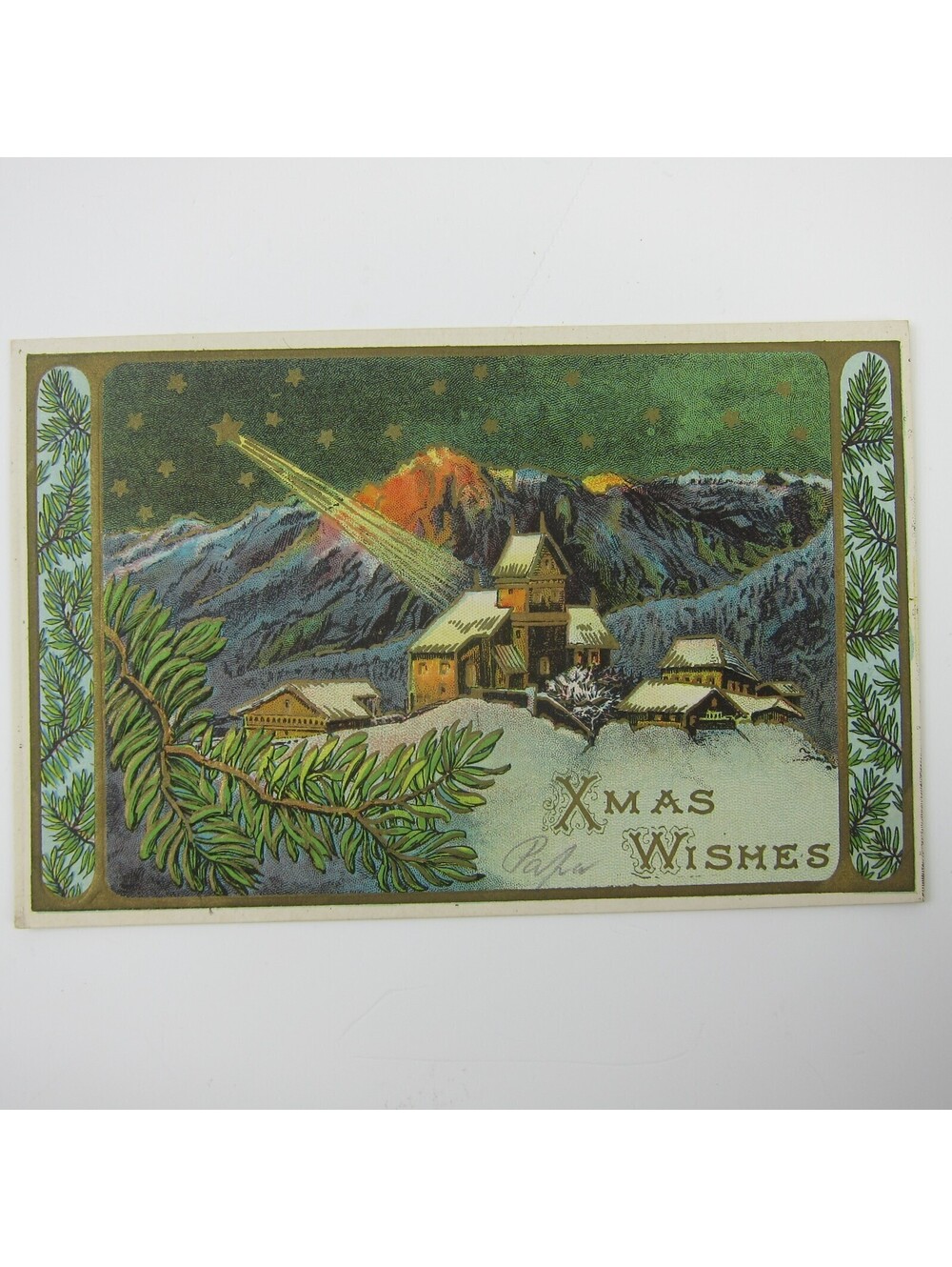 Antique Christmas Postcard Church Snow Shooting Star Mountains Gold Embossed